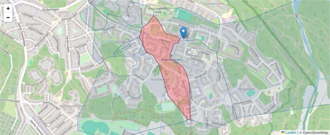 Karta över postnummerområdet  och angränsande postnummer i Sverige