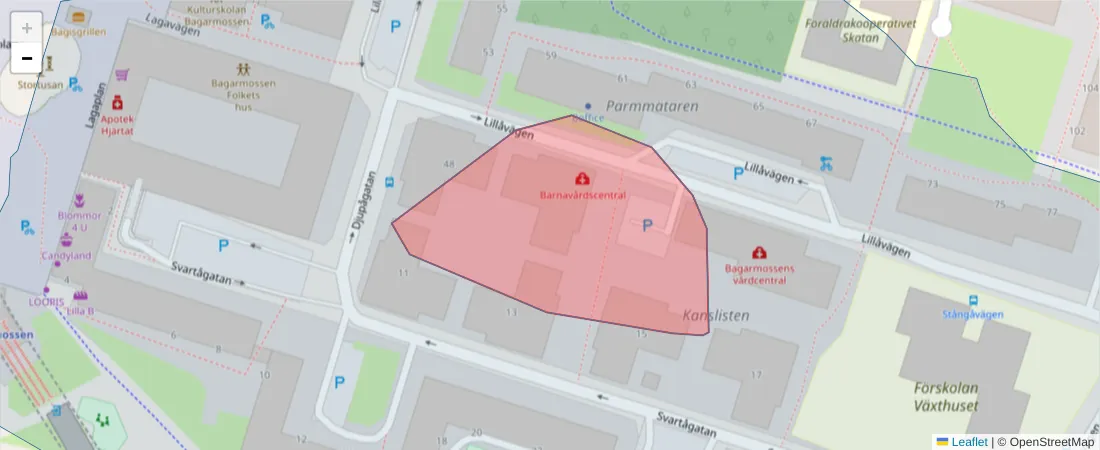 Karta över postnummerområdet  och angränsande postnummer i Sverige