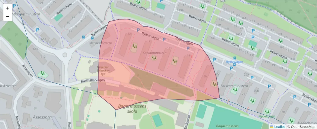 Karta över postnummerområdet  och angränsande postnummer i Sverige