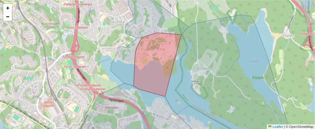 Karta över postnummerområdet  och angränsande postnummer i Sverige