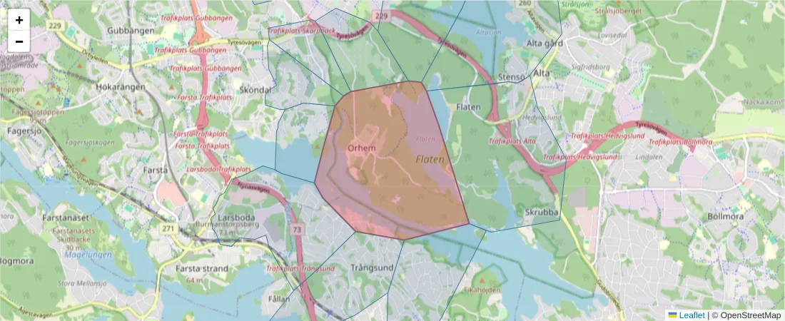 Karta över postnummerområdet  och angränsande postnummer i Sverige