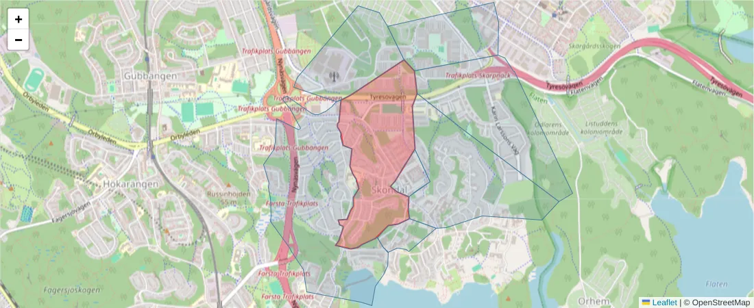 Karta över postnummerområdet  och angränsande postnummer i Sverige