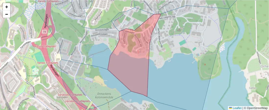 Karta över postnummerområdet  och angränsande postnummer i Sverige