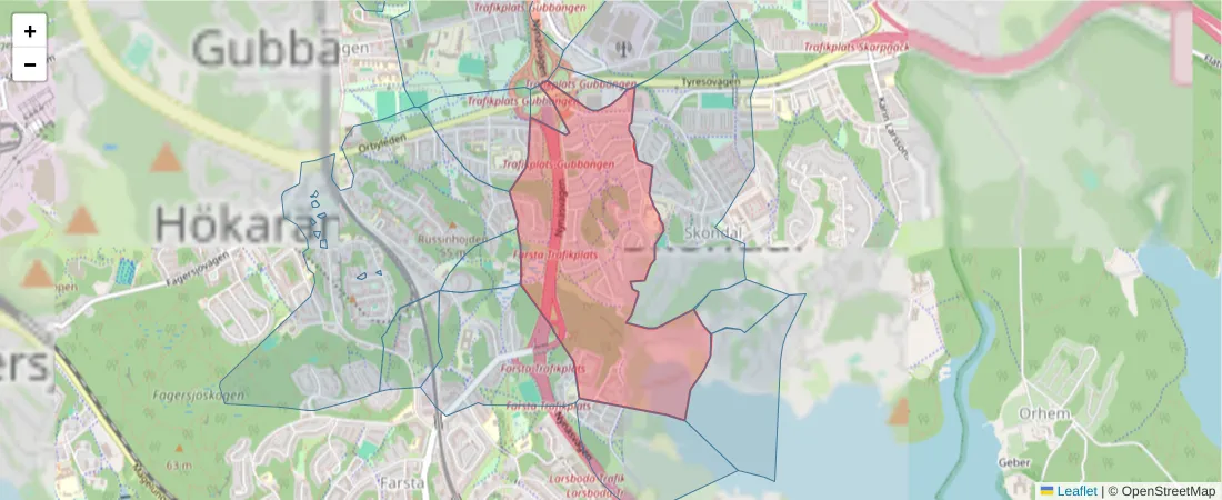 Karta över postnummerområdet  och angränsande postnummer i Sverige