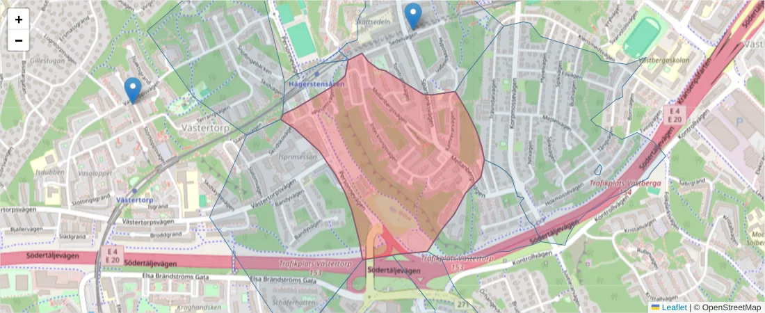 Karta över postnummerområdet  och angränsande postnummer i Sverige