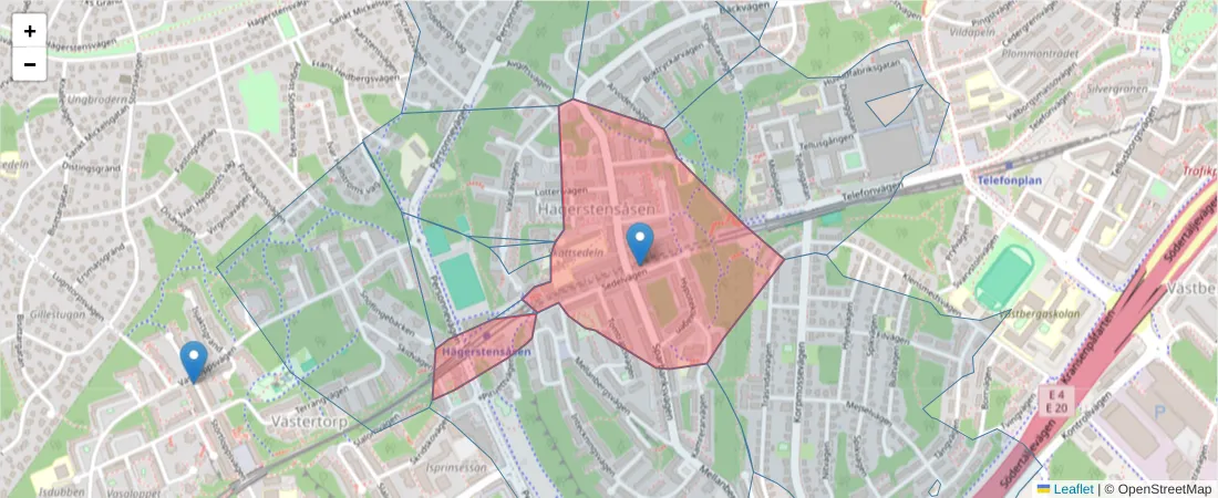 Karta över postnummerområdet  och angränsande postnummer i Sverige