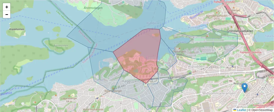 Karta över postnummerområdet  och angränsande postnummer i Sverige