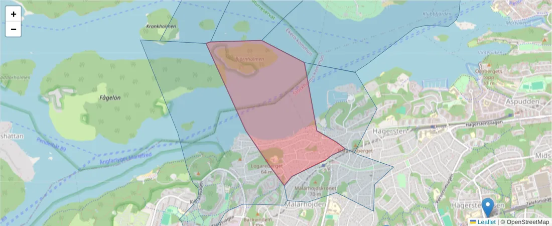 Karta över postnummerområdet  och angränsande postnummer i Sverige