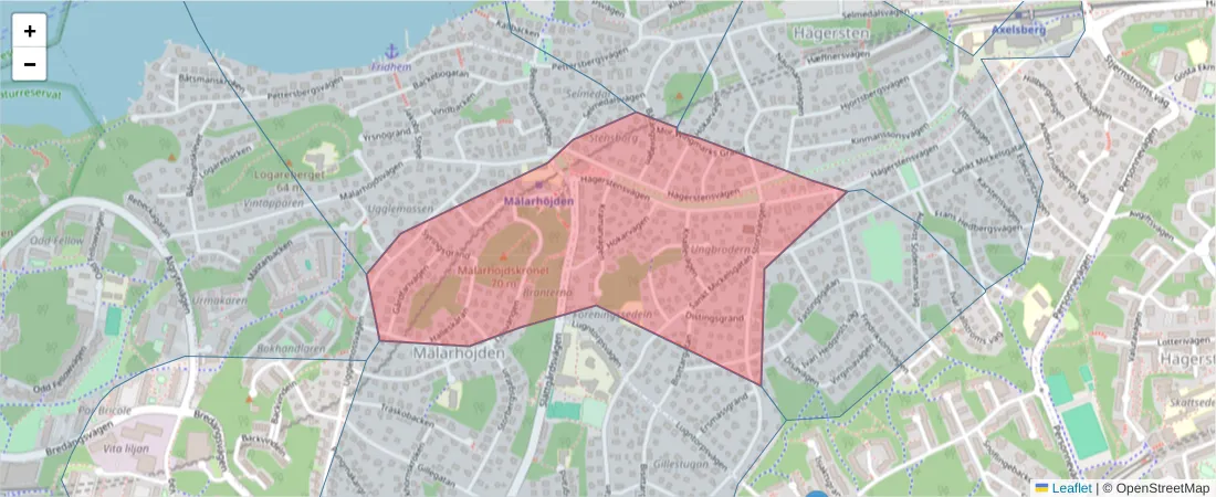 Karta över postnummerområdet  och angränsande postnummer i Sverige