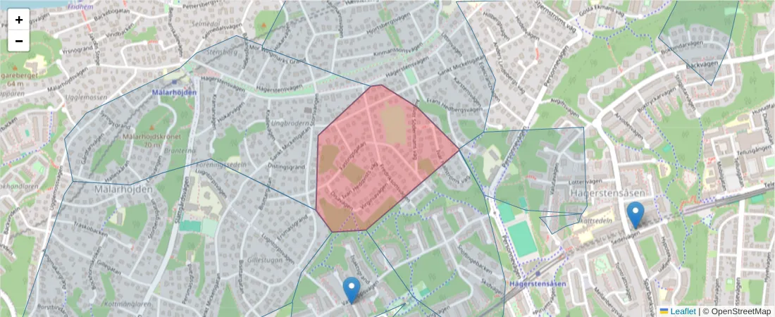 Karta över postnummerområdet  och angränsande postnummer i Sverige