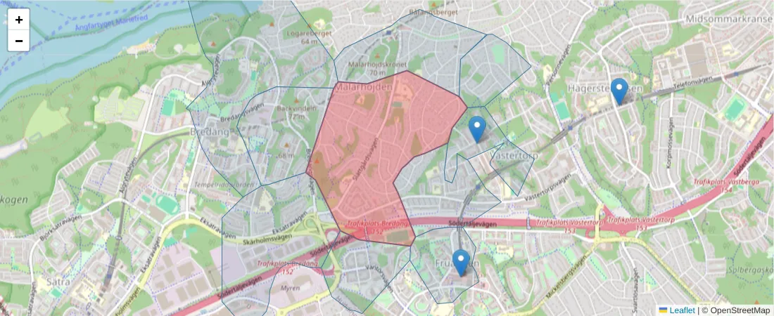 Karta över postnummerområdet  och angränsande postnummer i Sverige