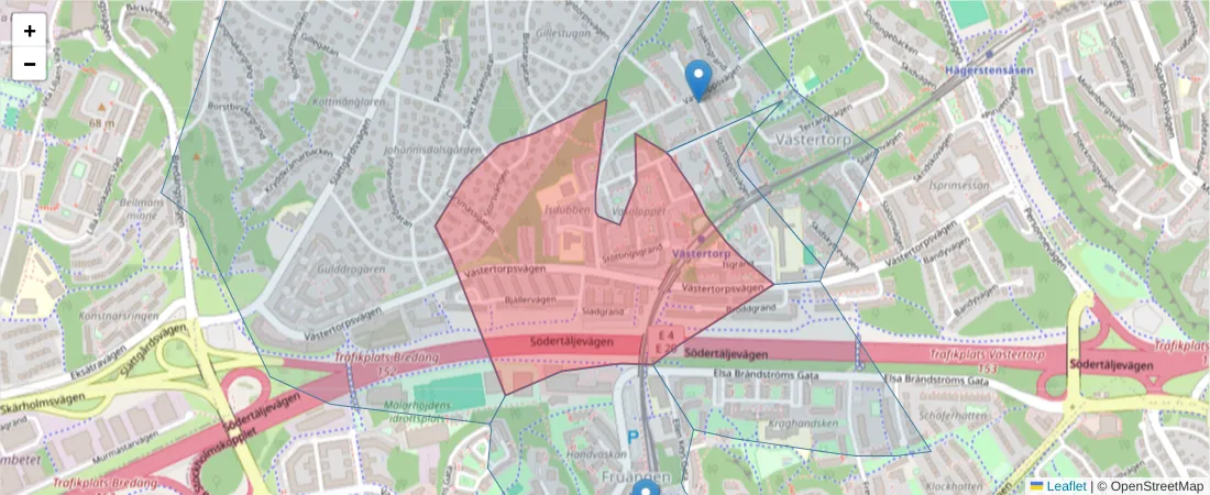 Karta över postnummerområdet  och angränsande postnummer i Sverige