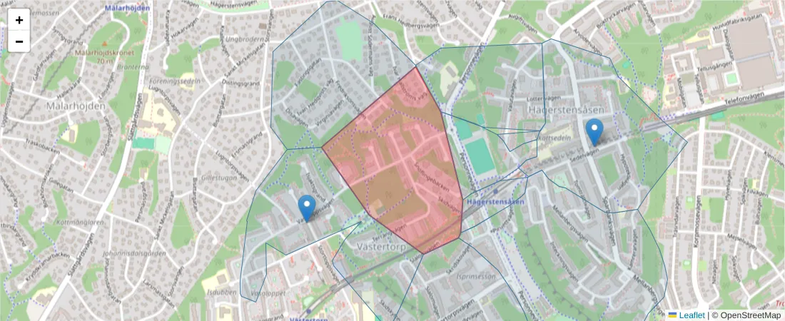 Karta över postnummerområdet  och angränsande postnummer i Sverige