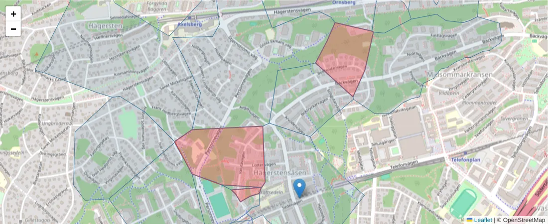 Karta över postnummerområdet  och angränsande postnummer i Sverige