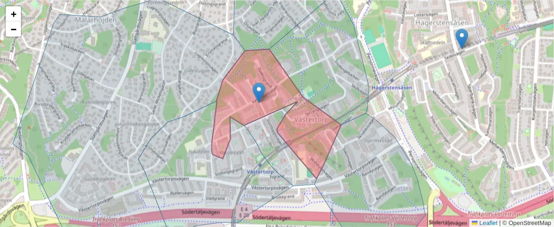 Karta över postnummerområdet  och angränsande postnummer i Sverige