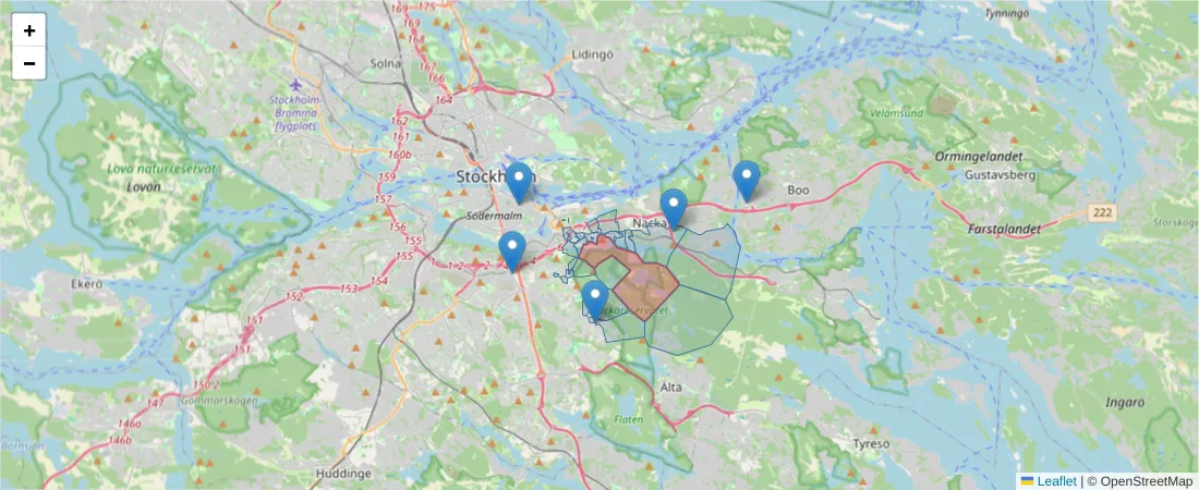Karta över postnummerområdet  och angränsande postnummer i Sverige
