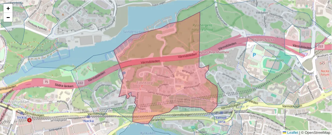 Karta över postnummerområdet  och angränsande postnummer i Sverige