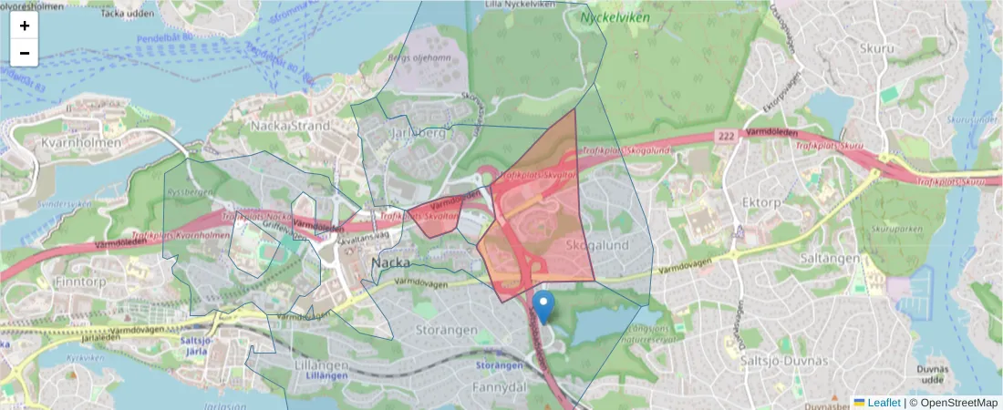 Karta över postnummerområdet  och angränsande postnummer i Sverige