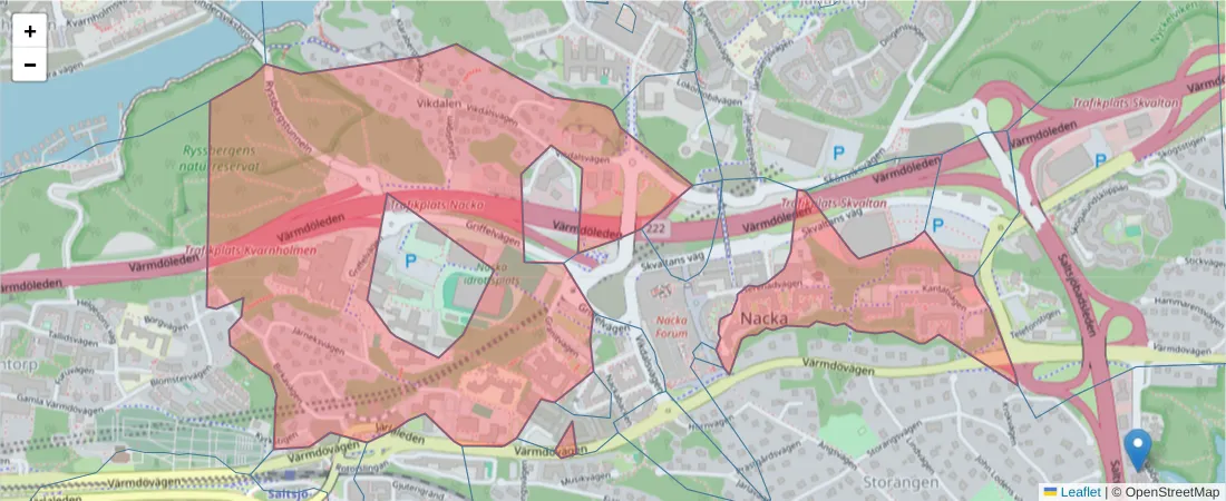 Karta över postnummerområdet  och angränsande postnummer i Sverige