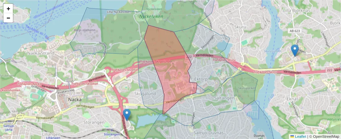 Karta över postnummerområdet  och angränsande postnummer i Sverige