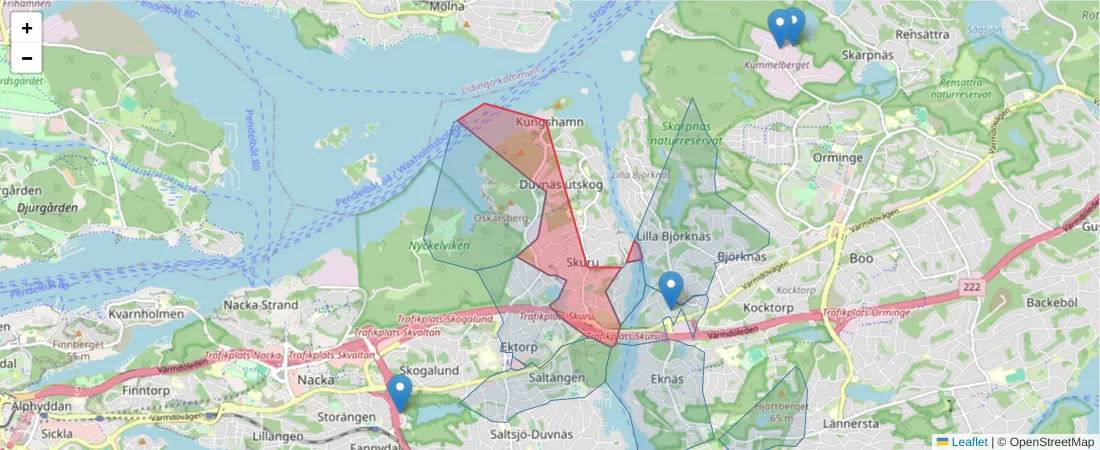 Karta över postnummerområdet  och angränsande postnummer i Sverige