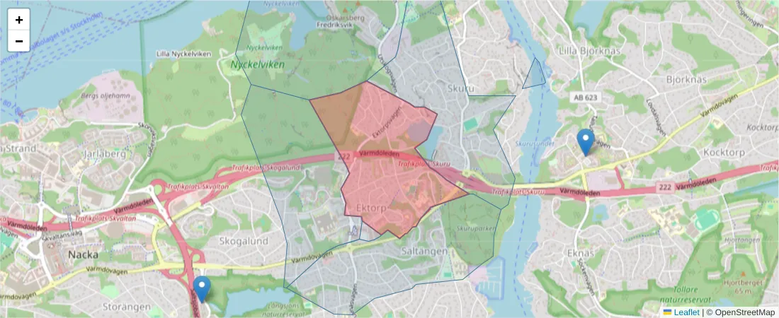 Karta över postnummerområdet  och angränsande postnummer i Sverige