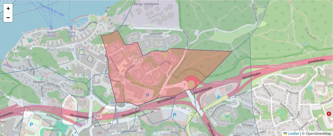 Karta över postnummerområdet  och angränsande postnummer i Sverige