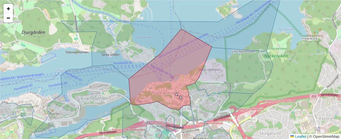 Karta över postnummerområdet  och angränsande postnummer i Sverige