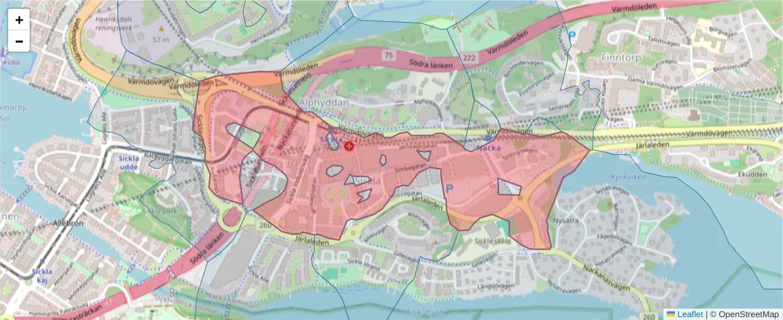 Karta över postnummerområdet  och angränsande postnummer i Sverige