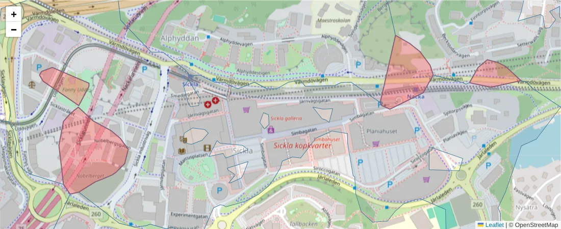 Karta över postnummerområdet  och angränsande postnummer i Sverige