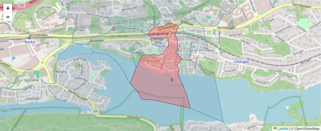 Karta över postnummerområdet  och angränsande postnummer i Sverige