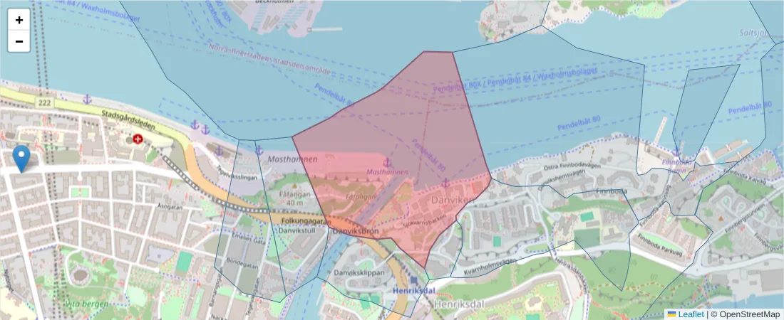 Karta över postnummerområdet  och angränsande postnummer i Sverige