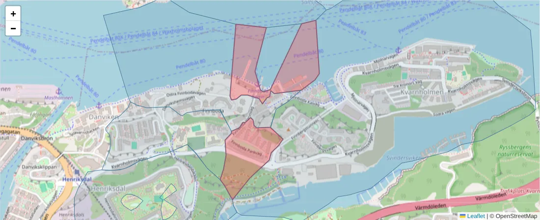 Karta över postnummerområdet  och angränsande postnummer i Sverige