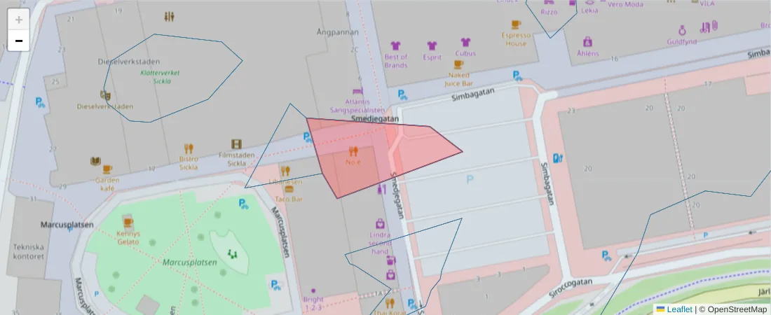 Karta över postnummerområdet  och angränsande postnummer i Sverige