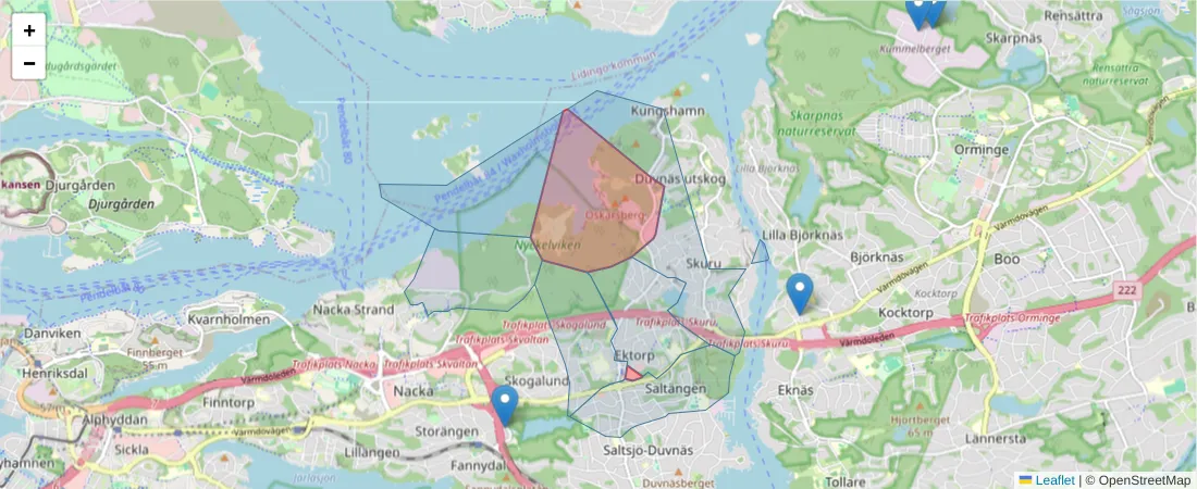 Karta över postnummerområdet  och angränsande postnummer i Sverige