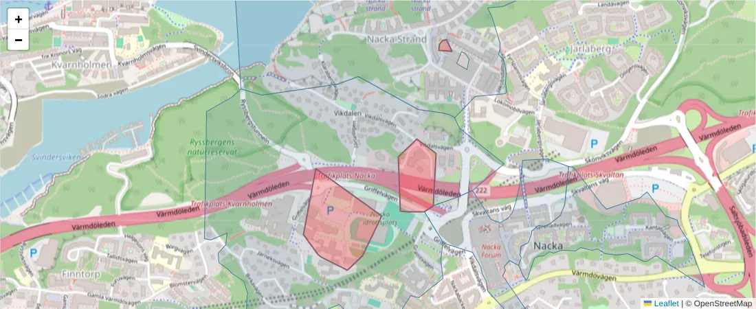 Karta över postnummerområdet  och angränsande postnummer i Sverige