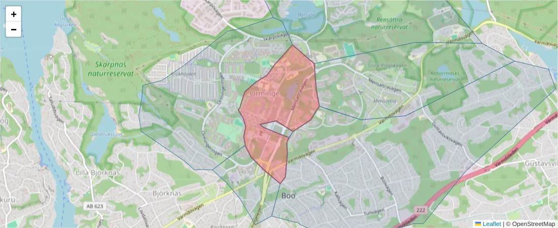 Karta över postnummerområdet  och angränsande postnummer i Sverige