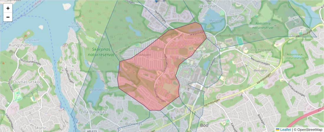 Karta över postnummerområdet  och angränsande postnummer i Sverige
