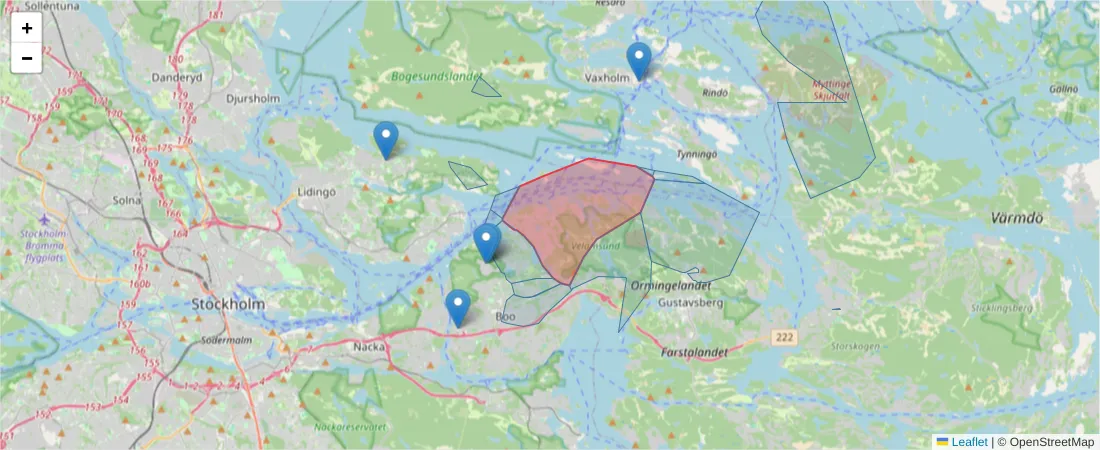 Karta över postnummerområdet  och angränsande postnummer i Sverige