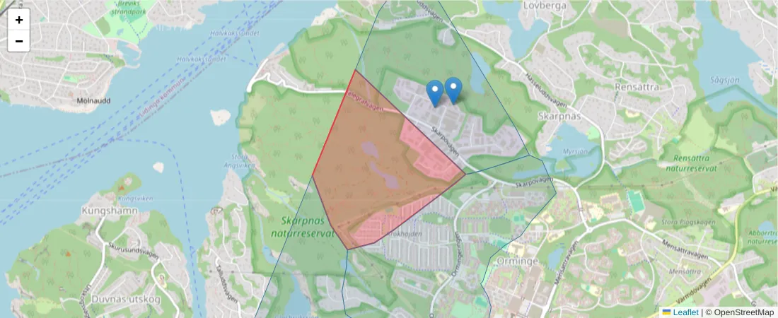 Karta över postnummerområdet  och angränsande postnummer i Sverige