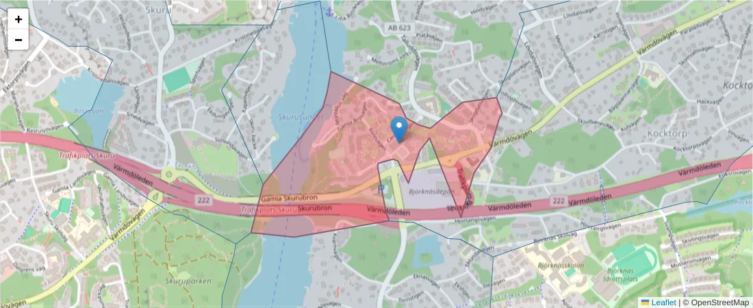 Karta över postnummerområdet  och angränsande postnummer i Sverige