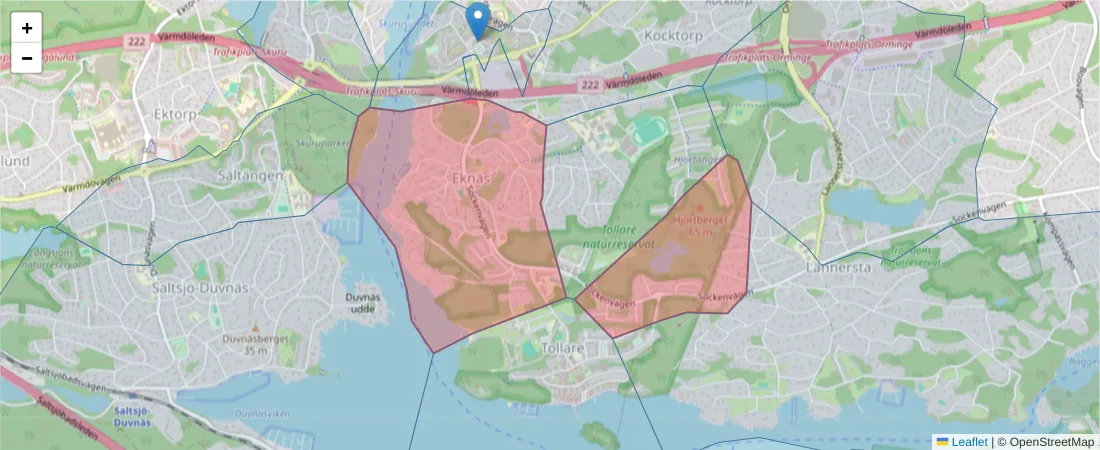 Karta över postnummerområdet  och angränsande postnummer i Sverige