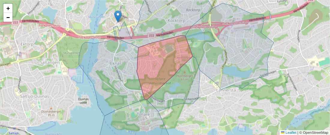 Karta över postnummerområdet  och angränsande postnummer i Sverige