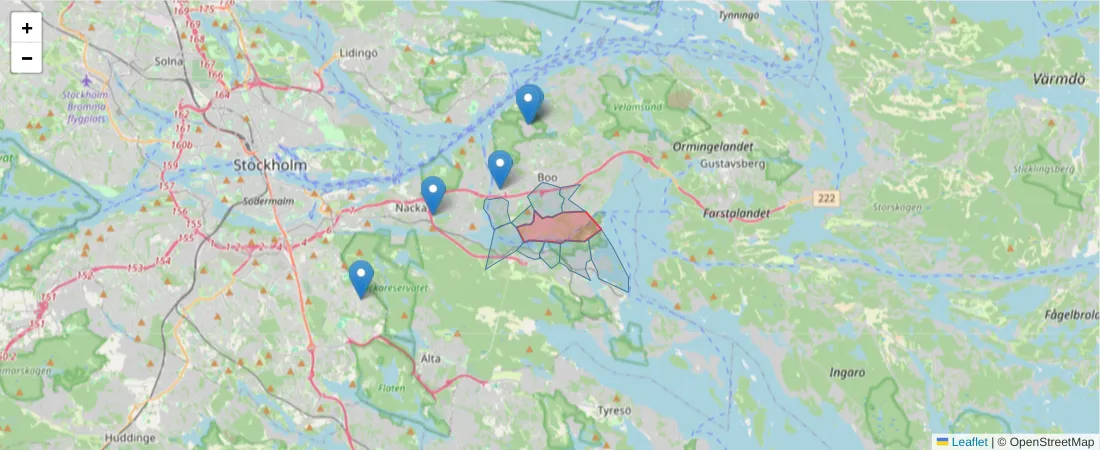 Karta över postnummerområdet  och angränsande postnummer i Sverige