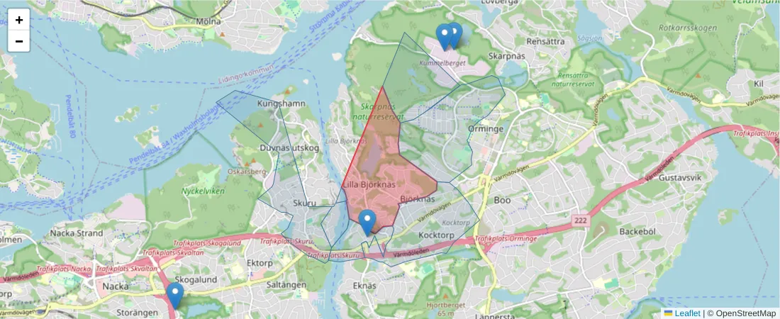 Karta över postnummerområdet  och angränsande postnummer i Sverige