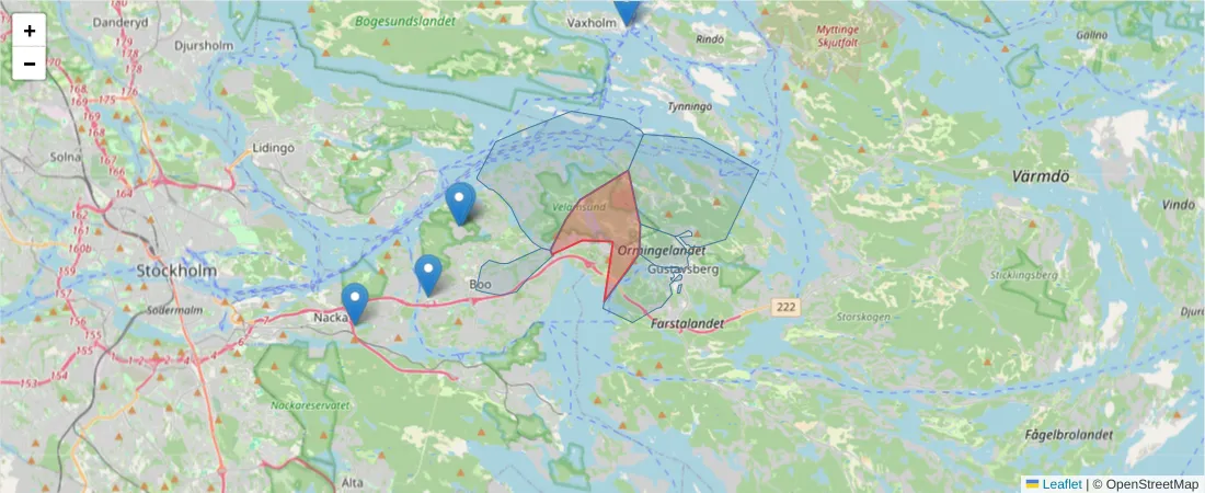 Karta över postnummerområdet  och angränsande postnummer i Sverige