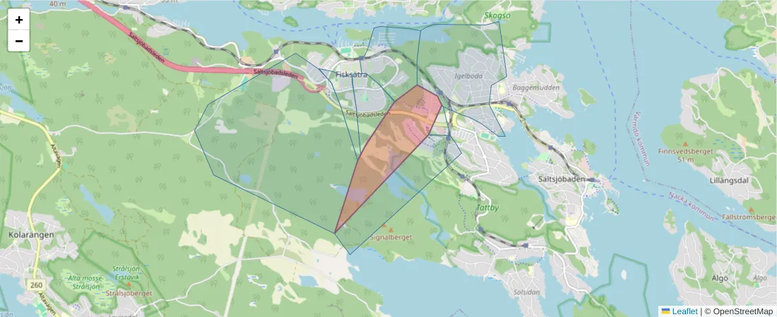 Karta över postnummerområdet  och angränsande postnummer i Sverige