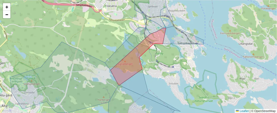 Karta över postnummerområdet  och angränsande postnummer i Sverige