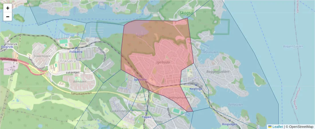 Karta över postnummerområdet  och angränsande postnummer i Sverige