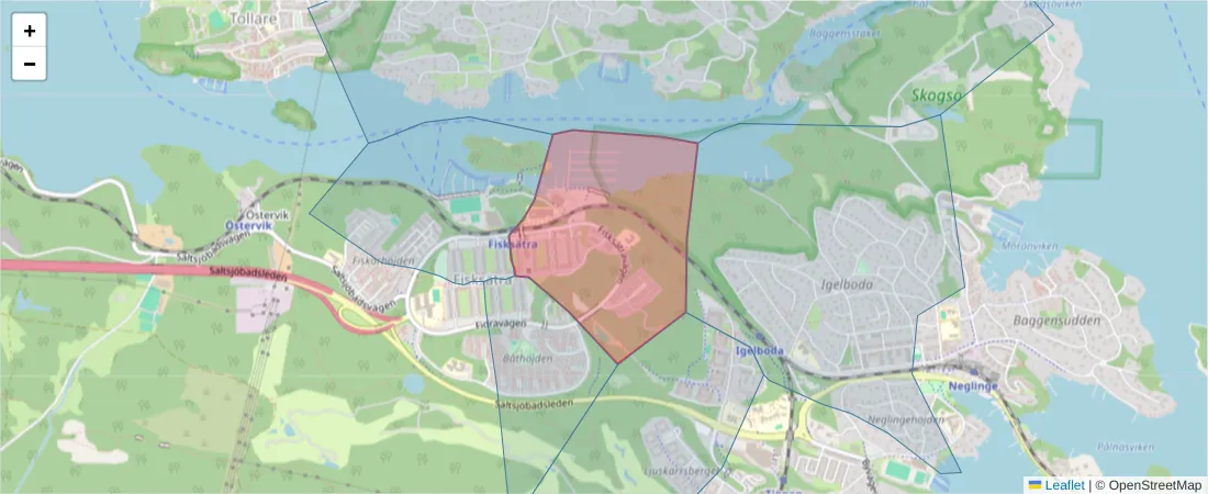 Karta över postnummerområdet  och angränsande postnummer i Sverige